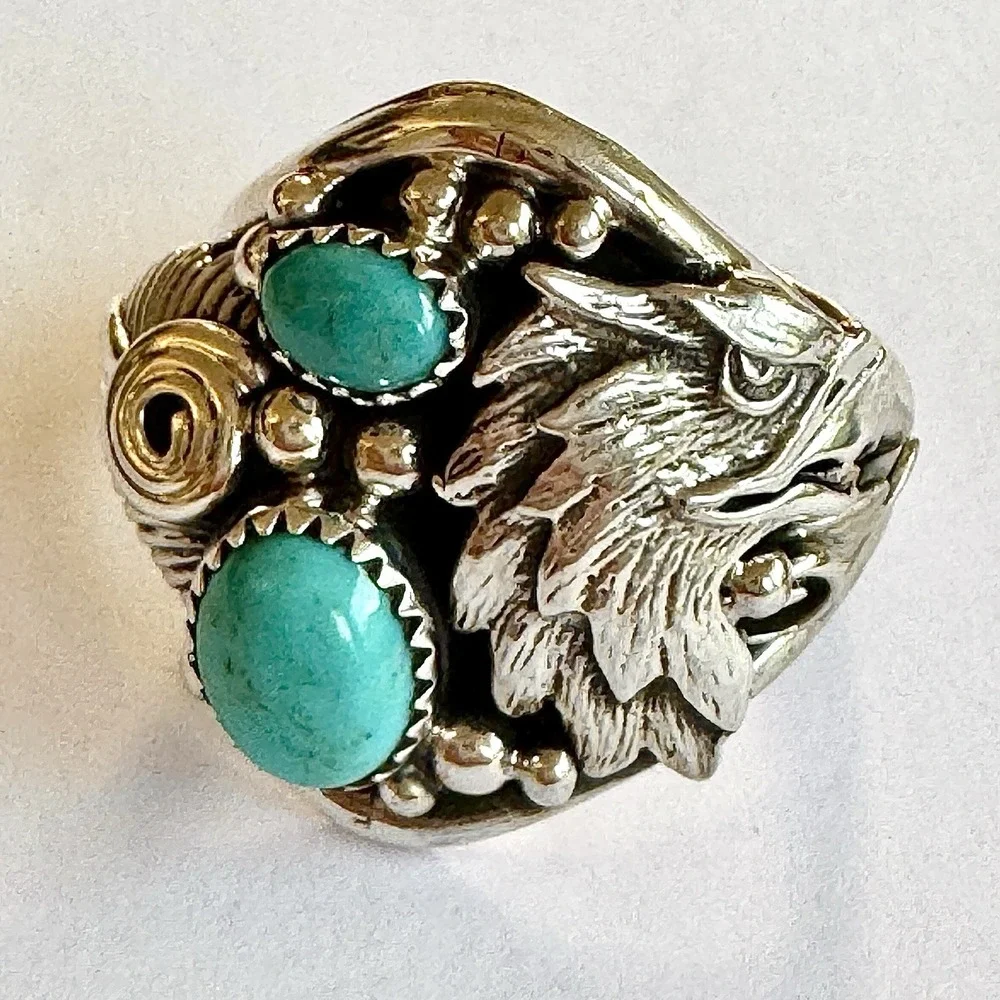 Navajo Eagle Turquoise Mens Ring Sz 14 Sterling Signed DM Native American USA